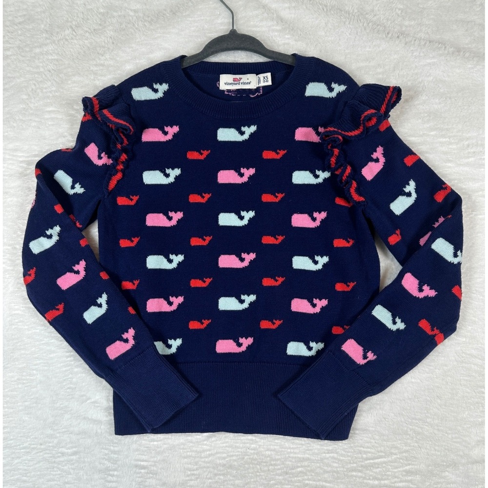 Vineyard Vines Ruffle Whale Sweater Girls XS Navy Blue Knit Long Sleeve